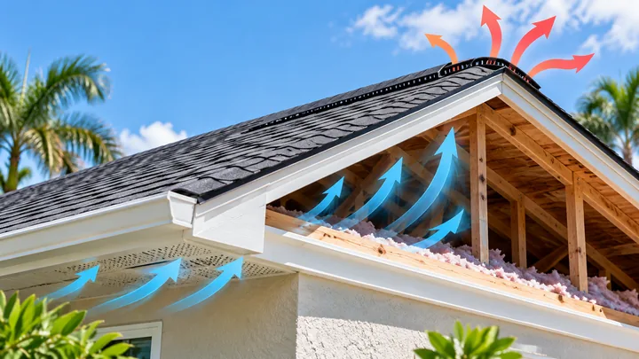 Florida home roof showing soffit intake and upper roof ventilation