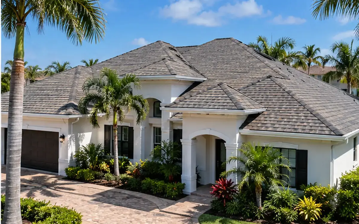 Roofing professional completing residential roof repair work in a coastal Florida neighborhood