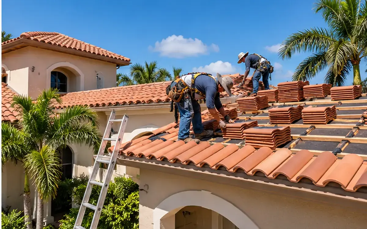 Roofing professional completing residential roof repair work in a coastal Florida neighborhood