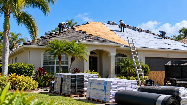 Roof replacement project showing exposed decking and underlayment preparation