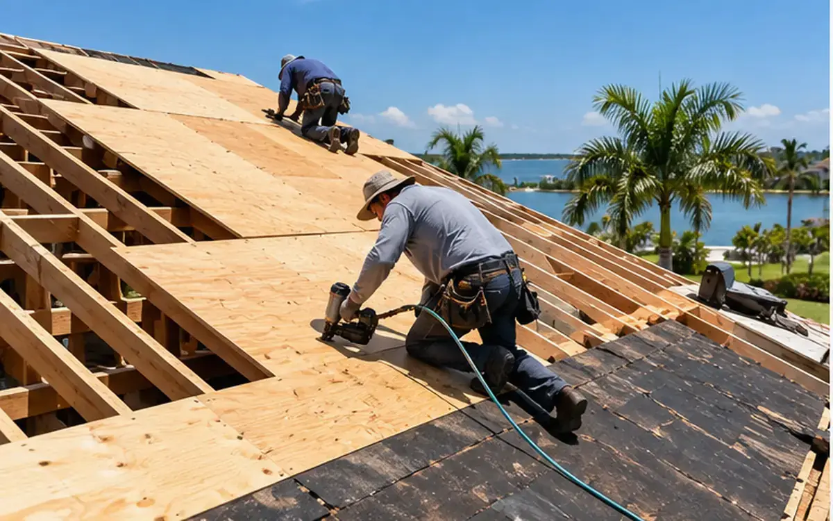 Residential asphalt shingle roofing work on a Sarasota-area home