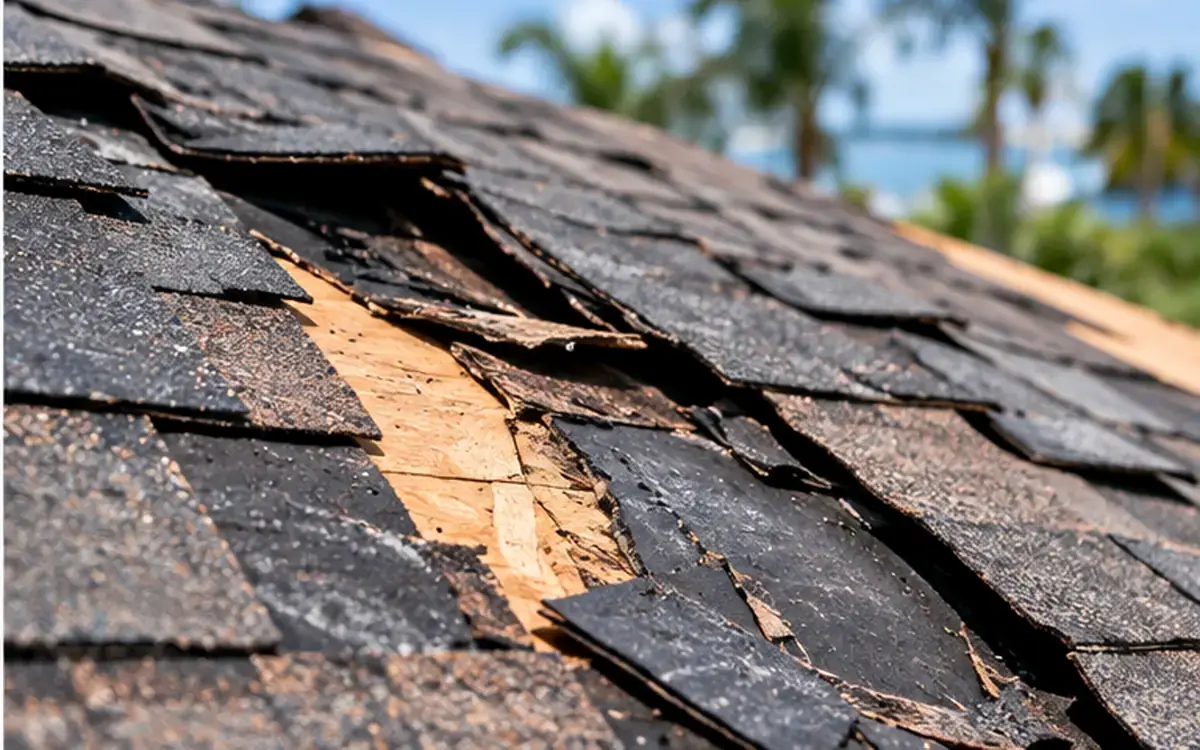Roofing professional working with residential tile roofing in a Florida coastal setting